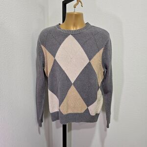 Gray Tan Argyle Sweater Mens M Long Sleeve Crew Neck Academia Nerdy Retro Geek